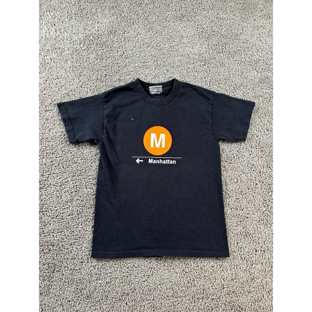 NYC Subway Line Shirt Boys Medium Black Manahattan Metro Short Sleeve Kids FLAW